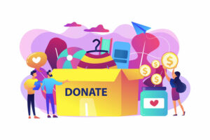 Volunteers collecting goods for charity into huge donation box and donating coins into jar. Donation, charity donation funds, gift in kind concept. Bright vibrant violet vector isolated illustration