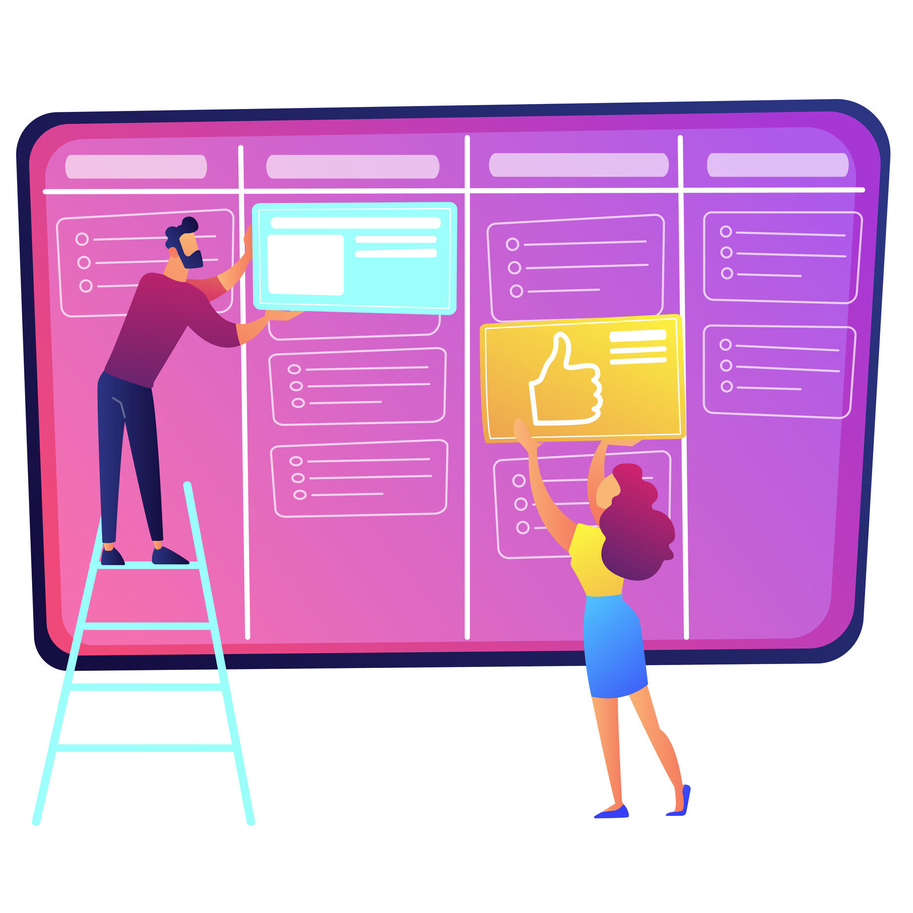 Programmers putting cards on kanban board vector illustration. Scrum planning of teamwork and agile organizer, project management system and strategy, project concept. Isolated on white background.